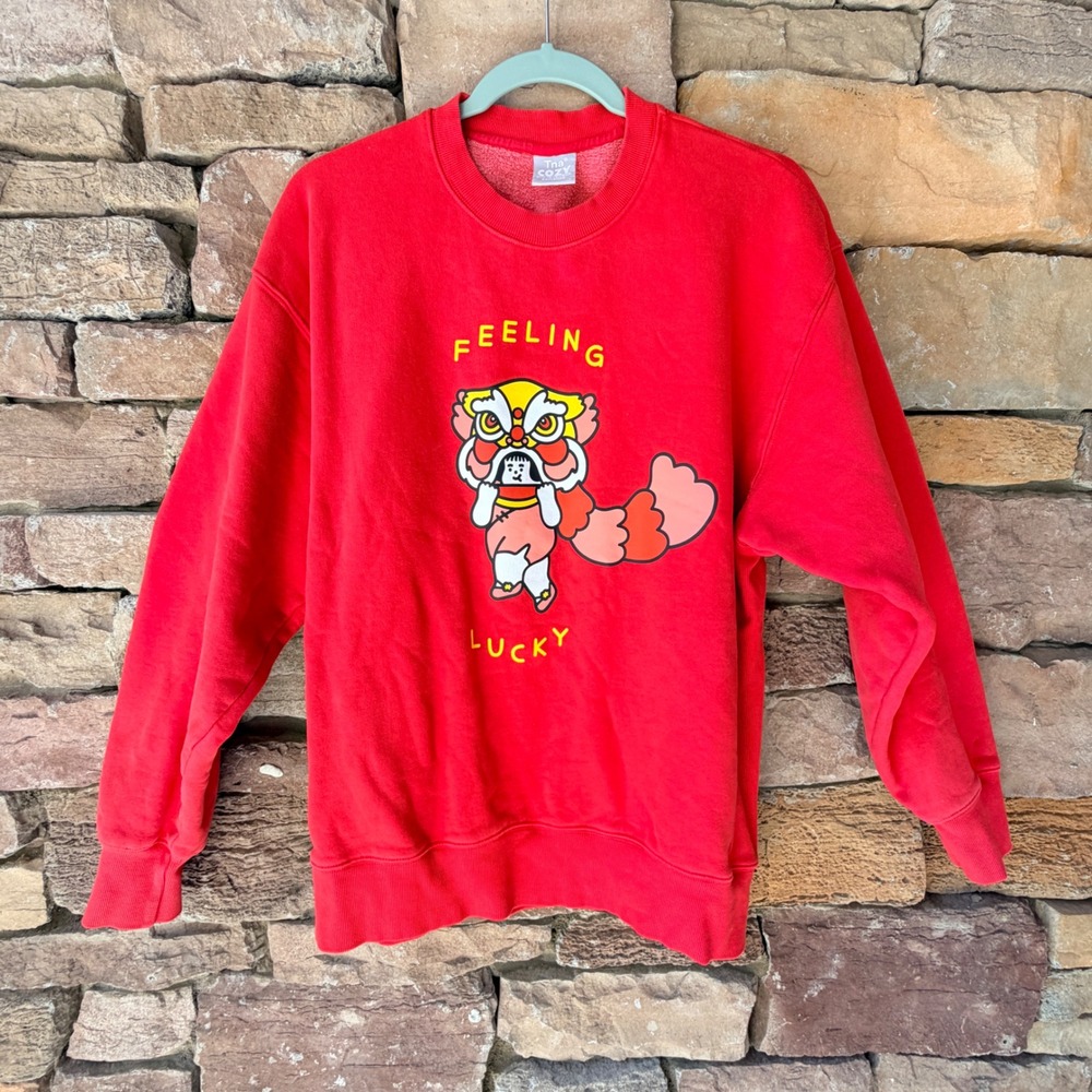 NEW Tna Aritzia S Cozy Fleece Boyfriend Feeling Lucky Sweatshirt Lunar New Year - Picture 3 of 12